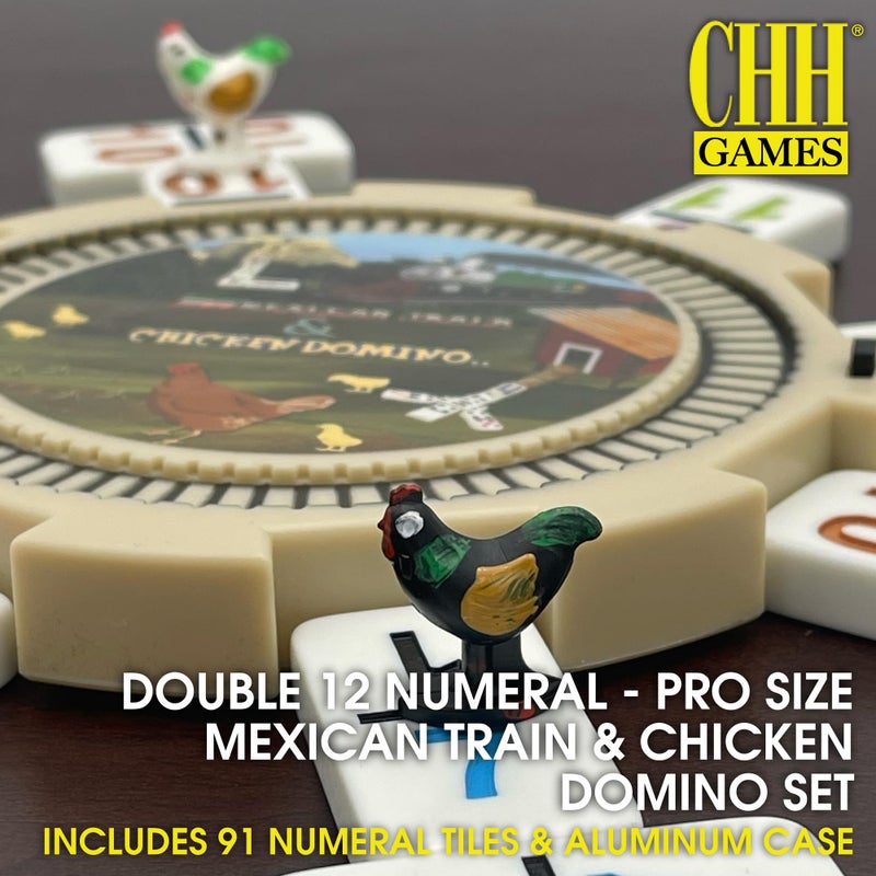CHH Double 12 Numeral Pro Size Mexican Train & Chicken Domino Set â€“ Aluminum Carrying Case â€“ Complete Set with Plastic Hub, Train Markers, and Chicken Foot Markers - Image 2